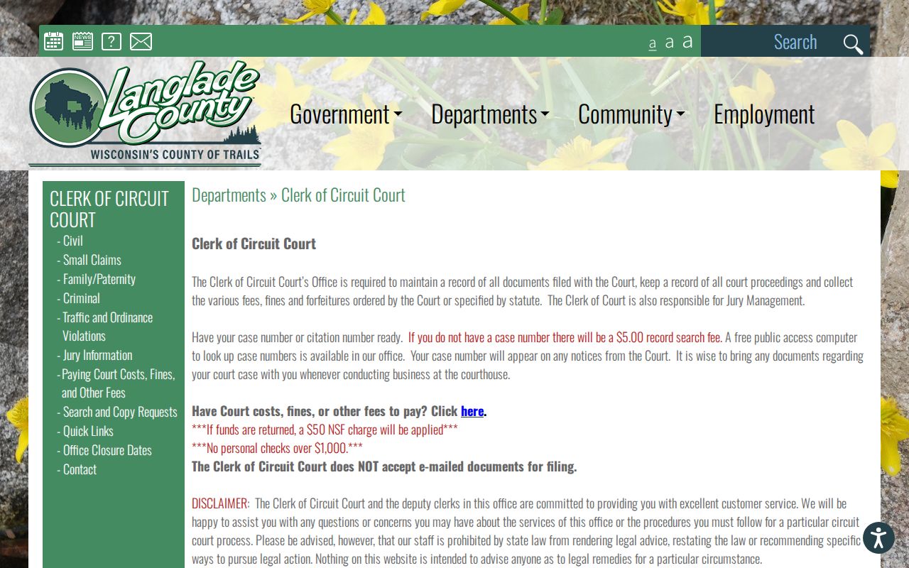 Langlade County Clerk of Circuit Court public access and contact page