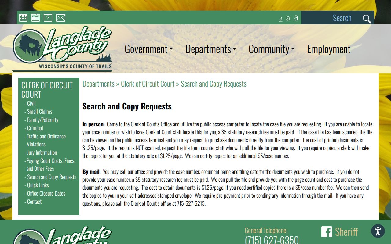 Langlade County search and court record copy instructions