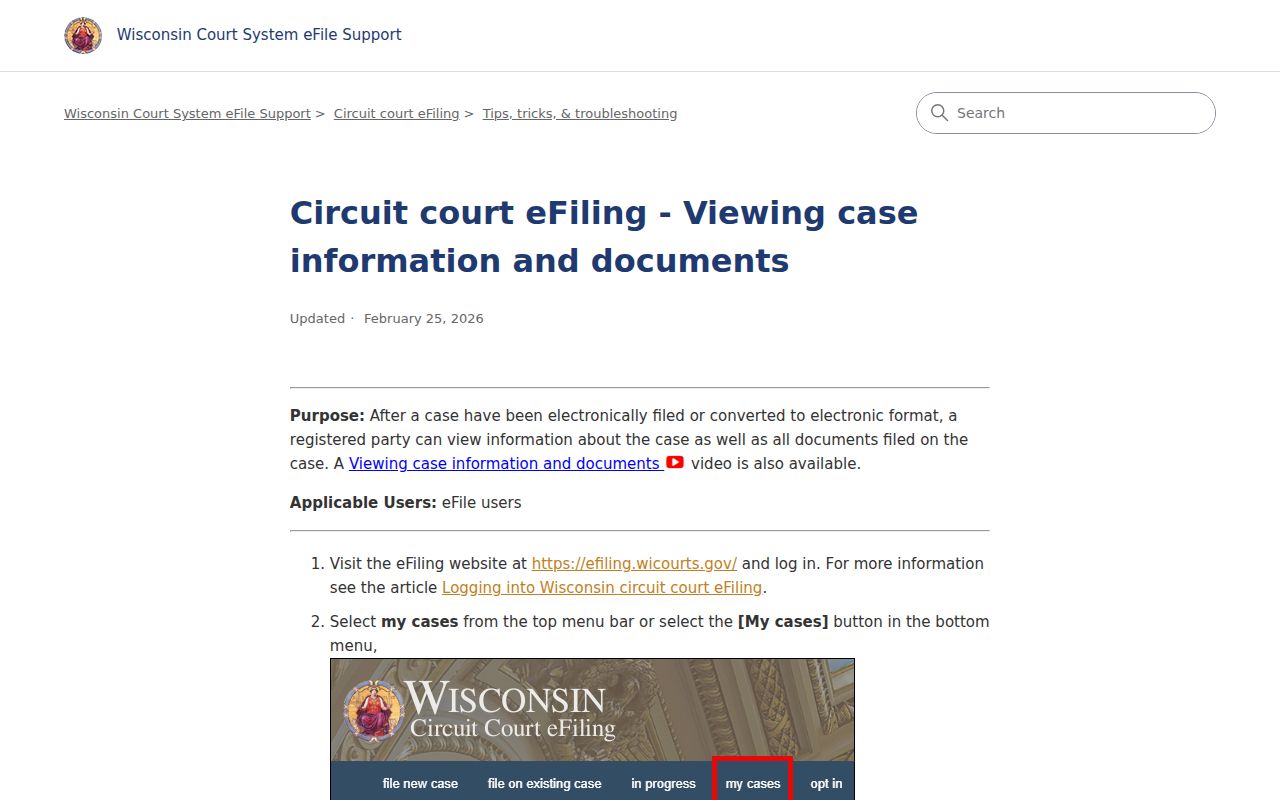 Wisconsin eFiling instructions for case information and authorized documents
