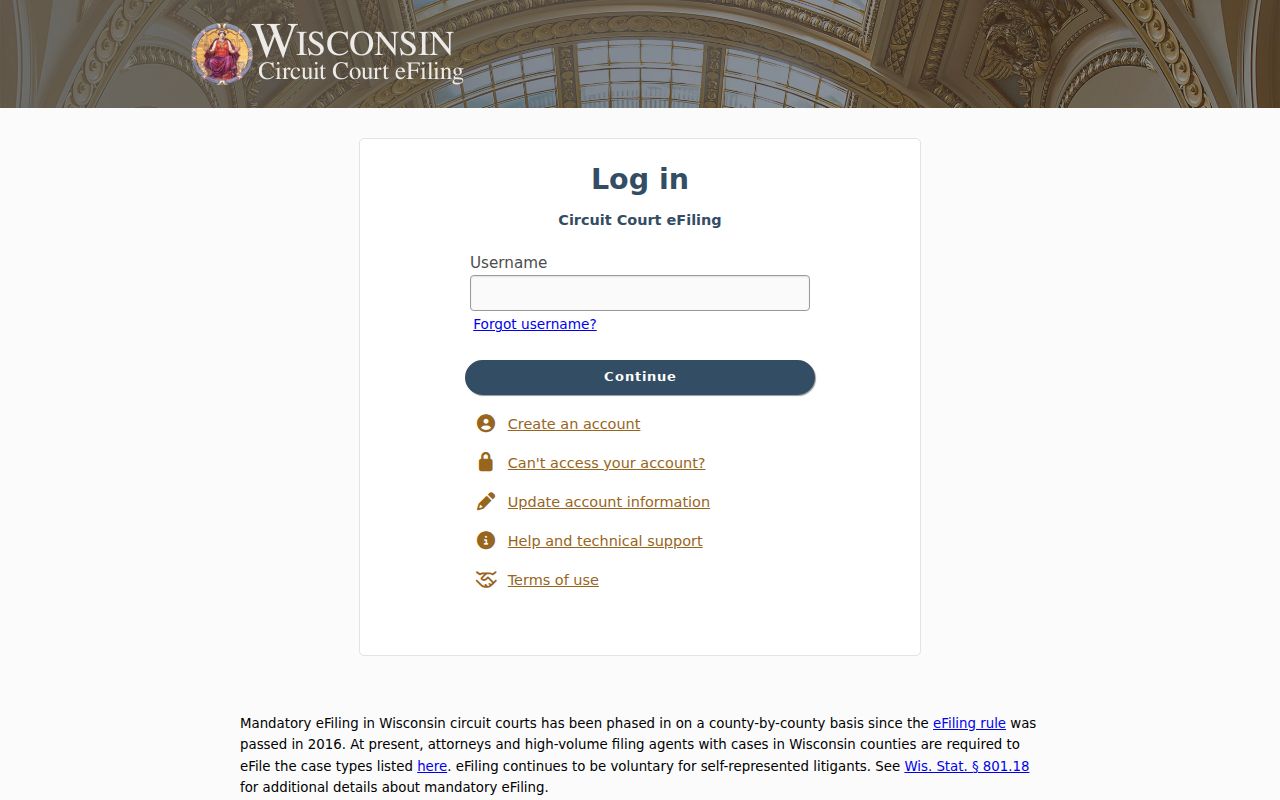 Wisconsin Circuit Court eFiling sign-in and registration entry