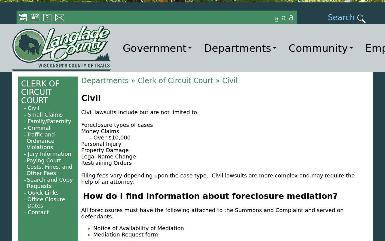 Langlade County civil case and foreclosure guidance