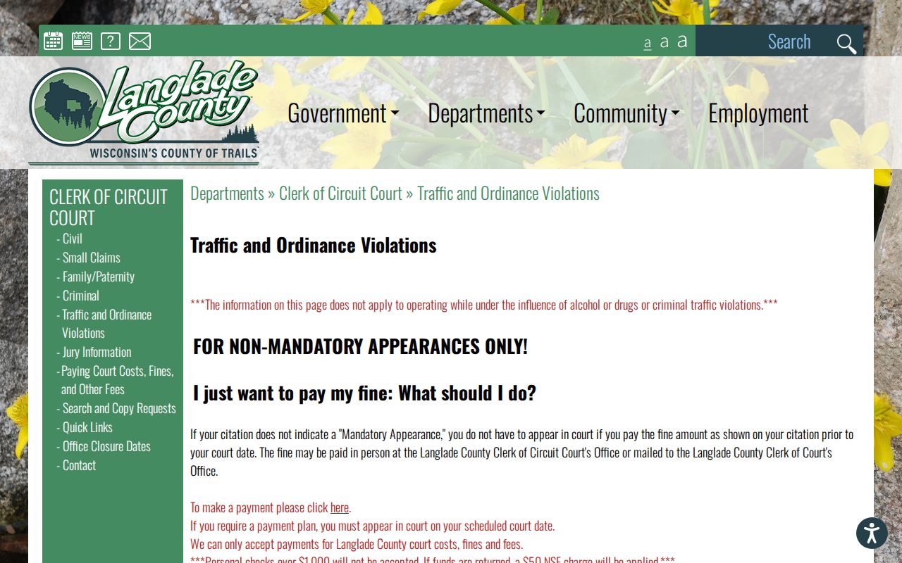 Langlade County traffic citation payment and not-guilty-by-mail instructions