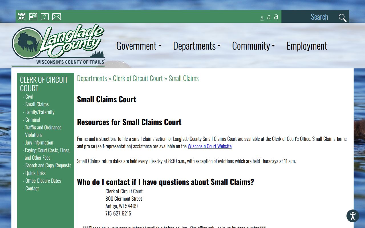 Langlade County civil docket small-claims return-date guidance