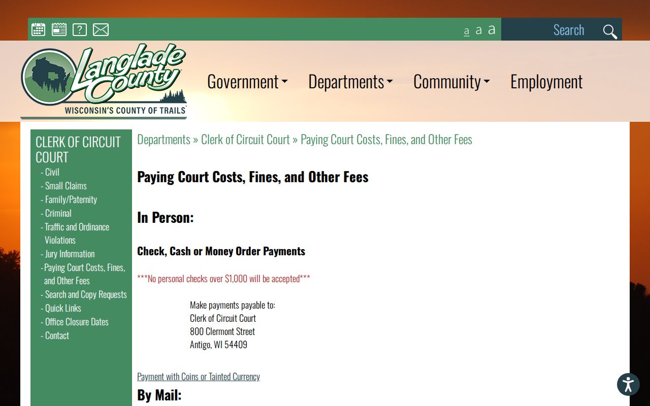 Langlade County court cost fine and fee payment instructions