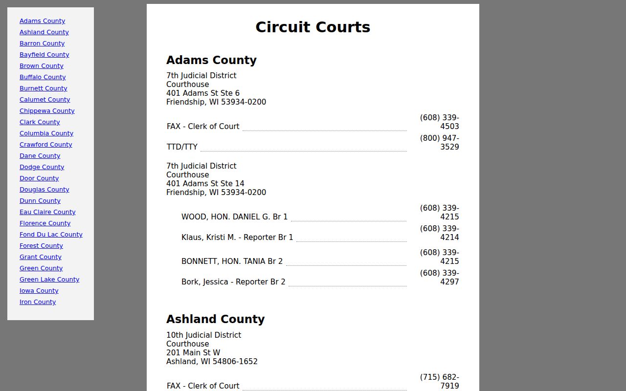 Wisconsin circuit court directory listing Langlade County in the Ninth Judicial District