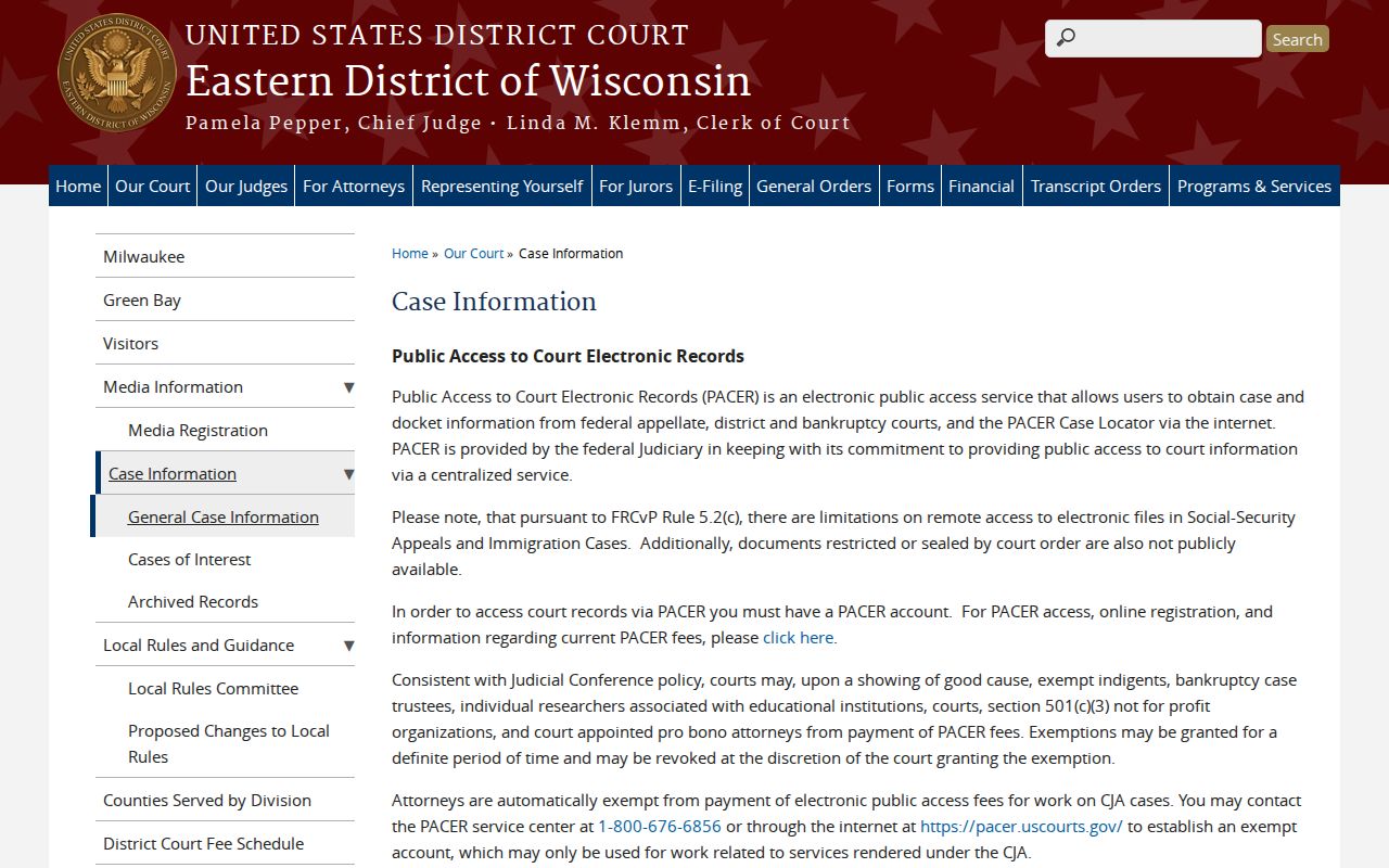 Eastern District of Wisconsin federal case information page